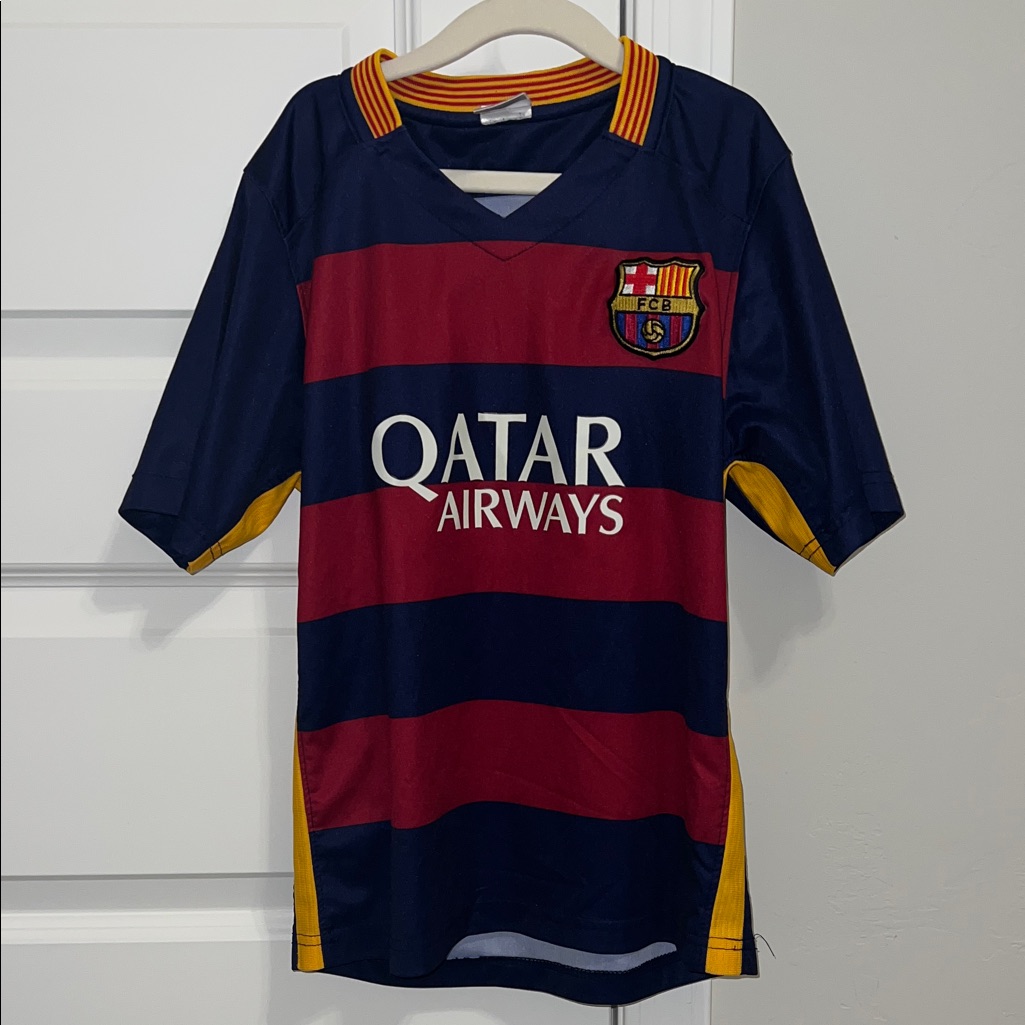 Kids Messi Qatar Airways Navy And Red Fcb Soccer Jersey